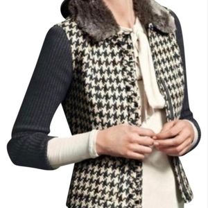 Houndstooth Faux Fur Collar Women's Jacket - Black & White